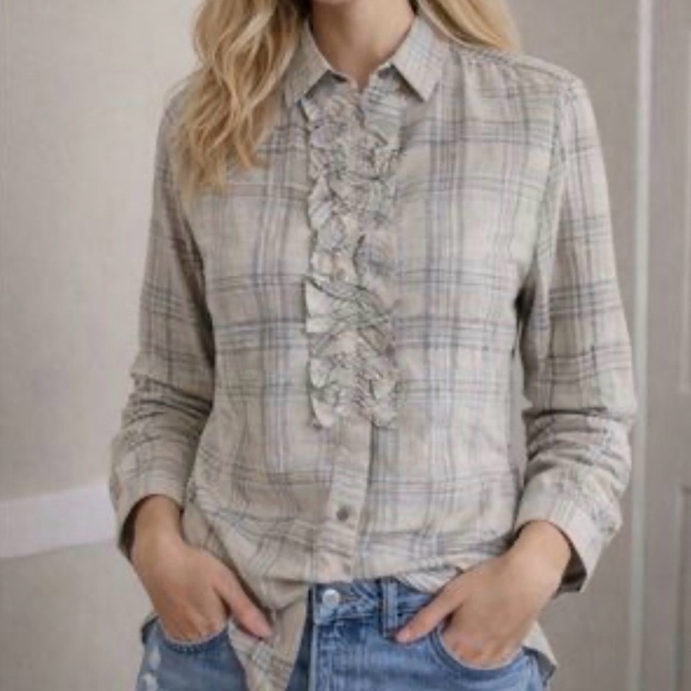 NWT Tuckernuck Plaid Ruffle Collared Shirt in Tan Size Large